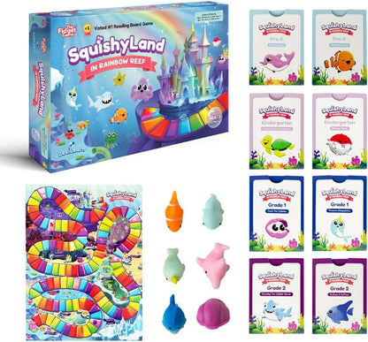 The Fidget Game SquishyLand in Rainbow Reef - Educational & Phonics Kindergarten Learning Activities for Children in Pre-K to 2nd Grade - Mochi Squishy Toys Set with Board Game (2-6 Players)