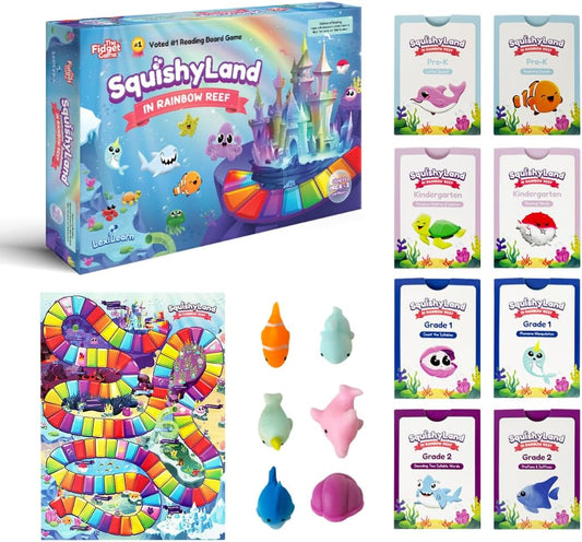 The Fidget Game SquishyLand in Rainbow Reef - Educational & Phonics Kindergarten Learning Activities for Children in Pre-K to 2nd Grade - Mochi Squishy Toys Set with Board Game (2-6 Players)