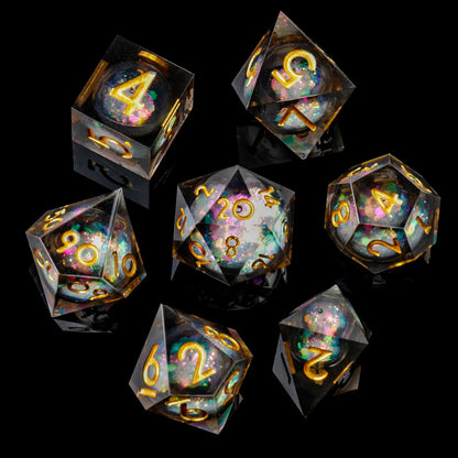 Liquid Core DND Dice Set, 7pcs Sharp Edge Dice for Role Playing Dungeons and Dragons Ttrpg with Gift Box, Handmade Resin D&D Dice RPG Role Playing Games Dice Set(Blue Gold)