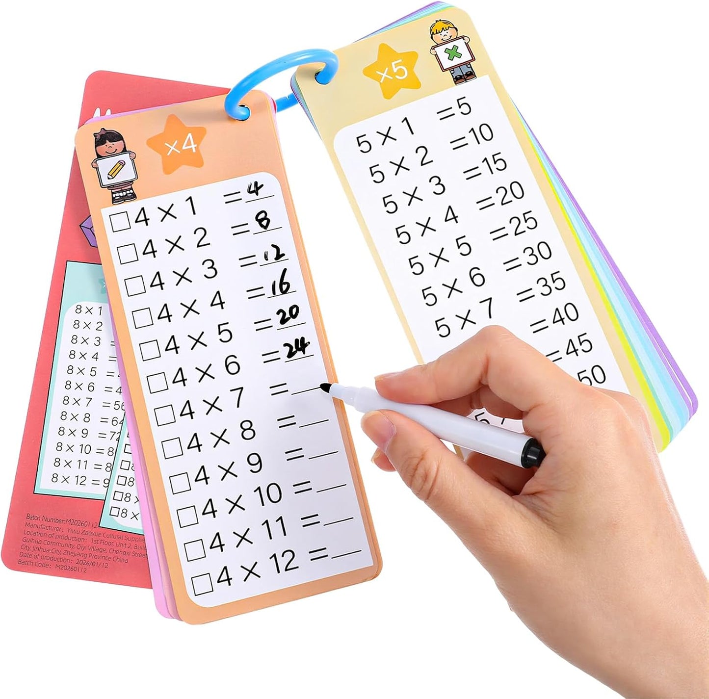 15Pcs Times Tables Multiplication Flash Cards, 0-12 Times Table Math Flash Cards with 2 Dry Erase Markers and 1 Ring, Multiplication Chart for 1st to 3rd Grade Learning
