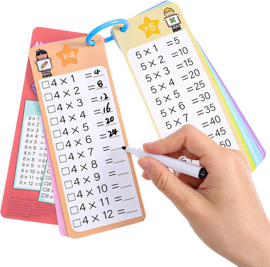 15Pcs Times Tables Multiplication Flash Cards, 0-12 Times Table Math Flash Cards with 2 Dry Erase Markers and 1 Ring, Multiplication Chart for 1st to 3rd Grade Learning