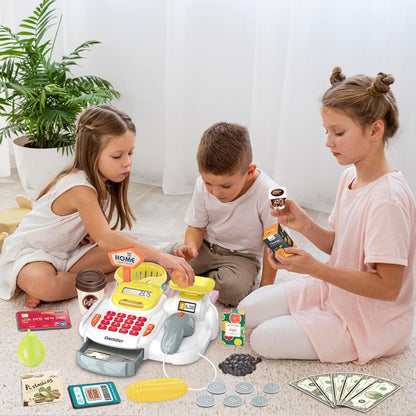 Cash Register 36PCS Supermarket Shop Toys with Electronic Sounds,Working Scanner,Calculator,Credit Card Reader,Play Food and Money Preschool Learning for Girl Boys Kids (Green)