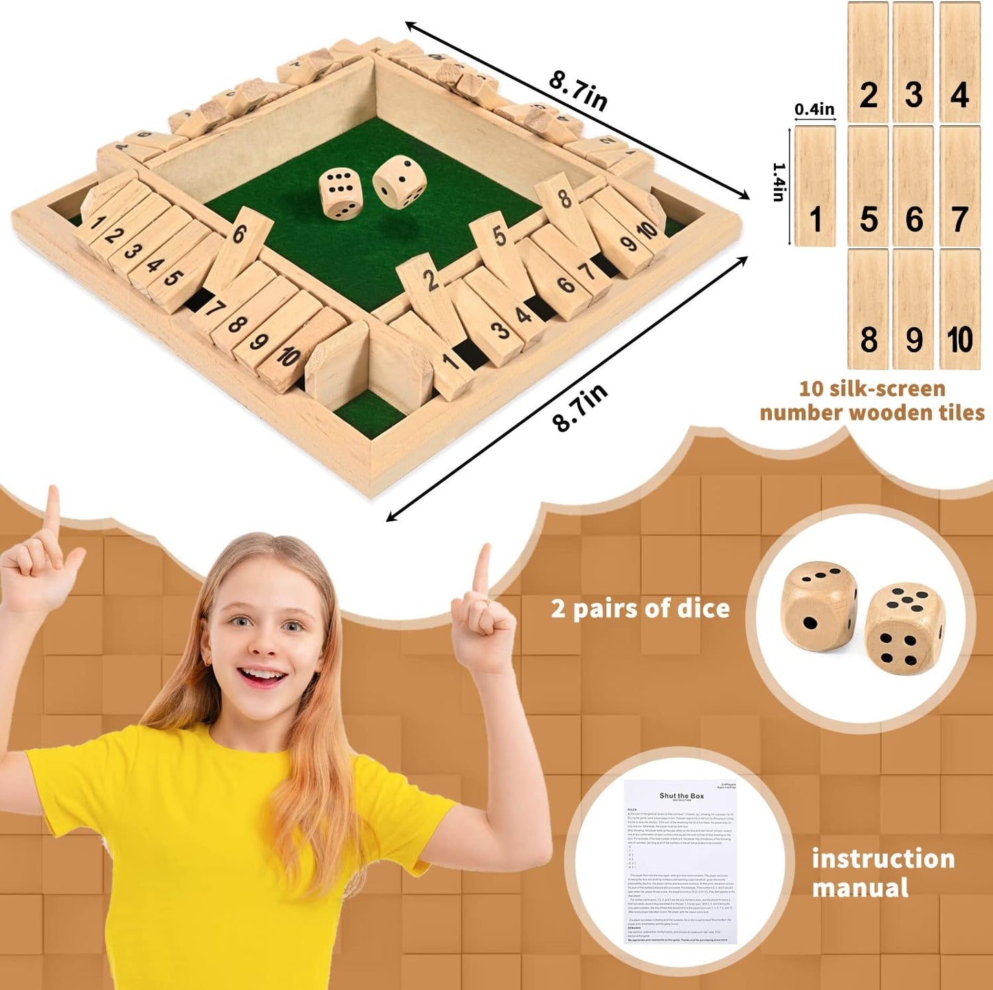 1-4 Players Shut The Box Dice Game, 10 Numbers Traditional Wooden Pub Bar Board Family Table Mat Game Dice for Adults