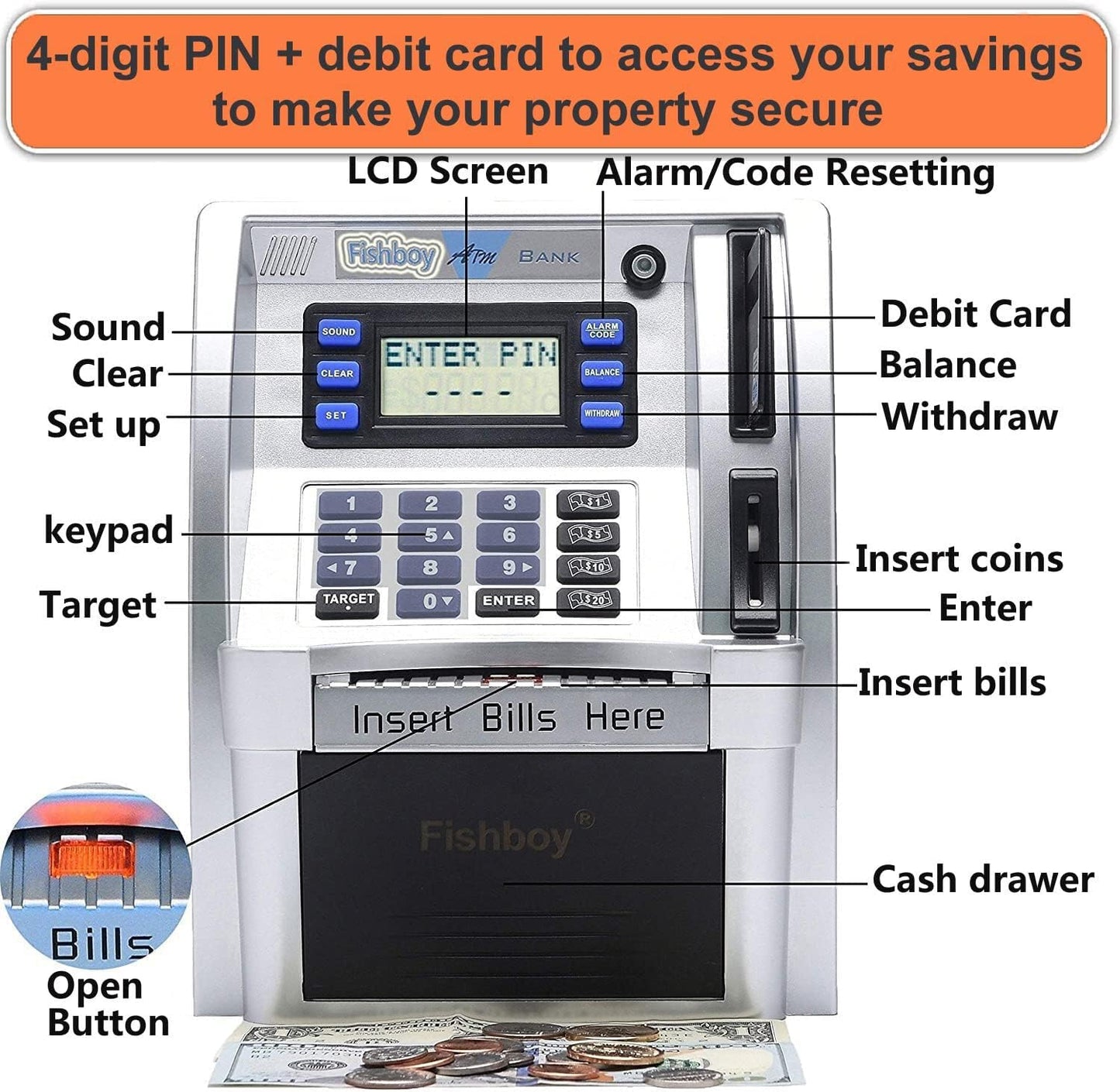 Fishboy Talking Pink ATM Piggy Bank for Kids with Dual Debit Cards, Power-Off Memory, Auto-Opening Drawer for Real Money for Girls, Onekey Shutdown, Bill Feeder, Coin Recognition, Balance Calculator