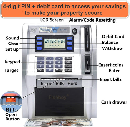 Fishboy Talking Pink ATM Piggy Bank for Kids with Dual Debit Cards, Power-Off Memory, Auto-Opening Drawer for Real Money for Girls, Onekey Shutdown, Bill Feeder, Coin Recognition, Balance Calculator