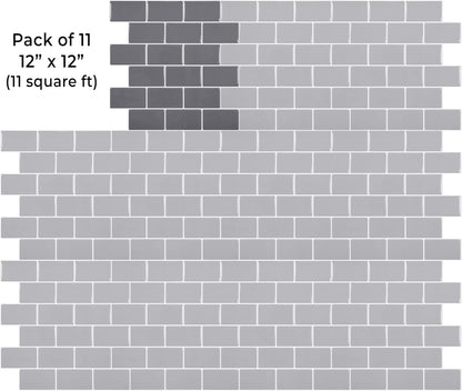 VViViD 11 Sheets Peel and Stick Grey Gloss Faux Ceramic Brick Wall Tiles, Self Adhesive Backsplash 12”x12”, 2mm Thick Kitchen, Bathroom (11 sq. ft.)