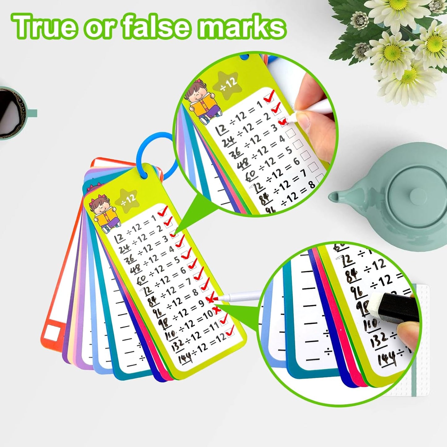 1-12 Math Flash Cards with 6 Dry Erase Pens, 15Pcs Big Multiplication Flash Cards + 36 Pcs Random Double-Sided Multiplication Practice Cards, Educational Math Flashcards for Kids Ages 6+