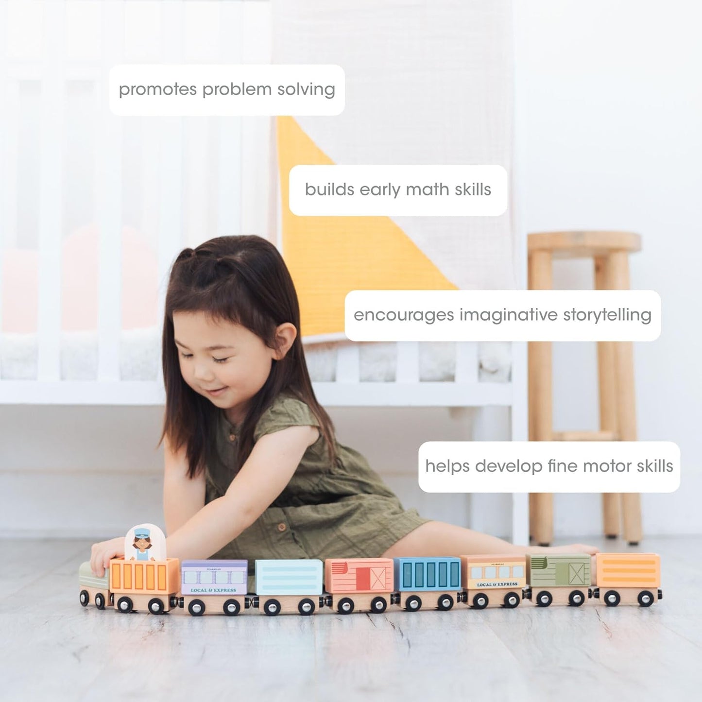 Pearhead Wooden Train Set for Toddlers – 10-Piece Magnetic Train Cars, FSC-Certified Wood, Montessori STEM Toy, Develops Fine Motor Skills, Compatible with Major Brands, Boys and Girls, Ages 2 3 4
