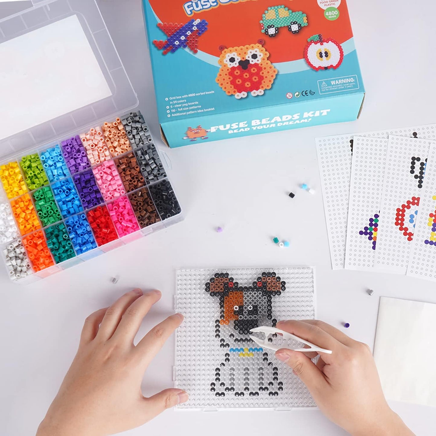 ARTKAL Fuse Beads Kit 4800pcs 24 Colors 5mm Iron Beads Kit with 5 Pegboards 55 Patterns 2 Tweezers 2 Ironing Paper, Great for Christmas Birthday