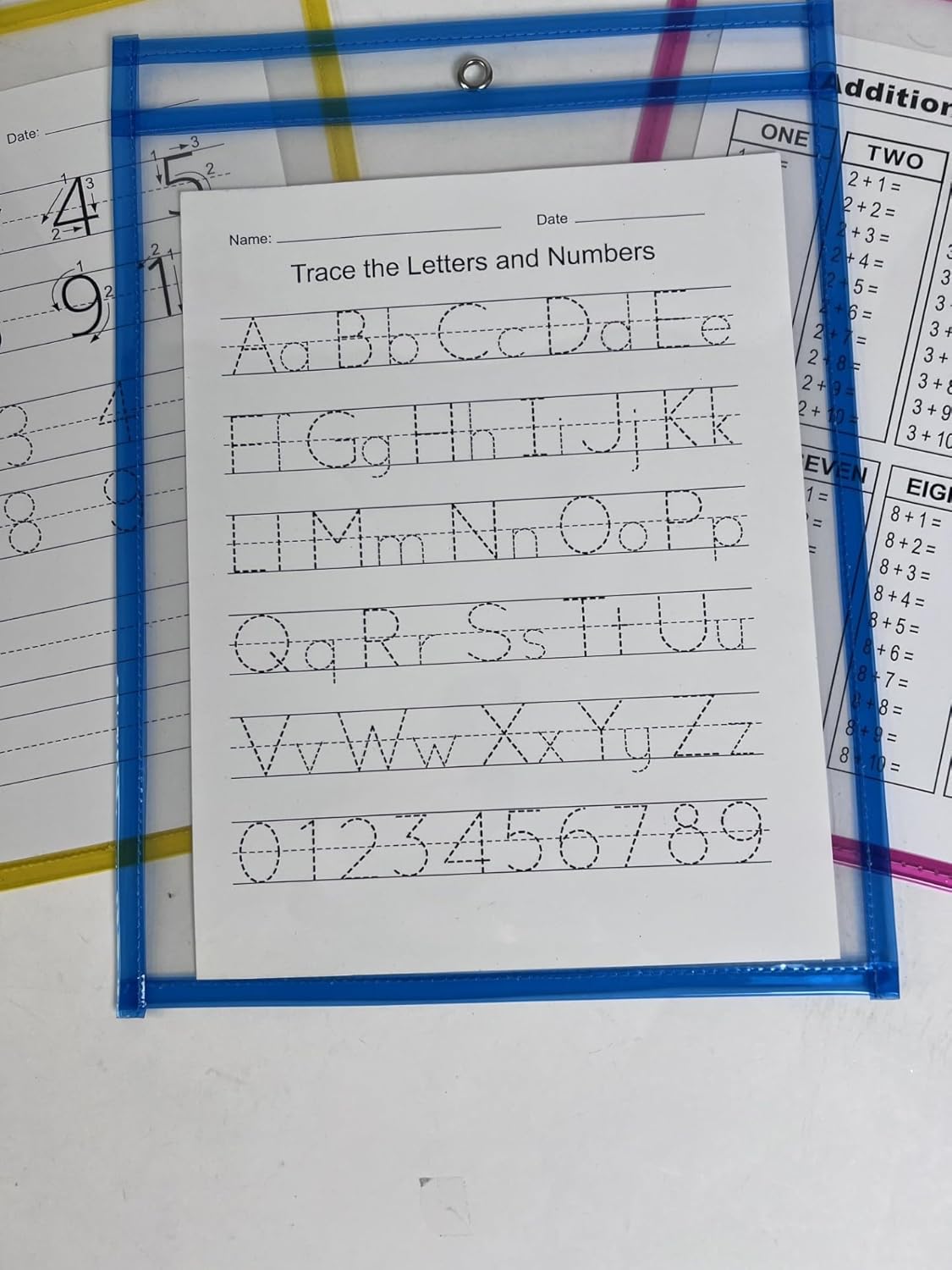 Regent products Corp Set of 3 Reusable Home School Dry Erase Learning Pockets for Kindergarten Learn to Draw Alphabet, Numbers, Shapes, and Tell Time with 6 Learning Templetes Included, large