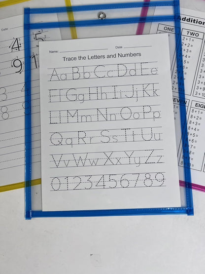 Regent products Corp Set of 3 Reusable Home School Dry Erase Learning Pockets for Kindergarten Learn to Draw Alphabet, Numbers, Shapes, and Tell Time with 6 Learning Templetes Included, large