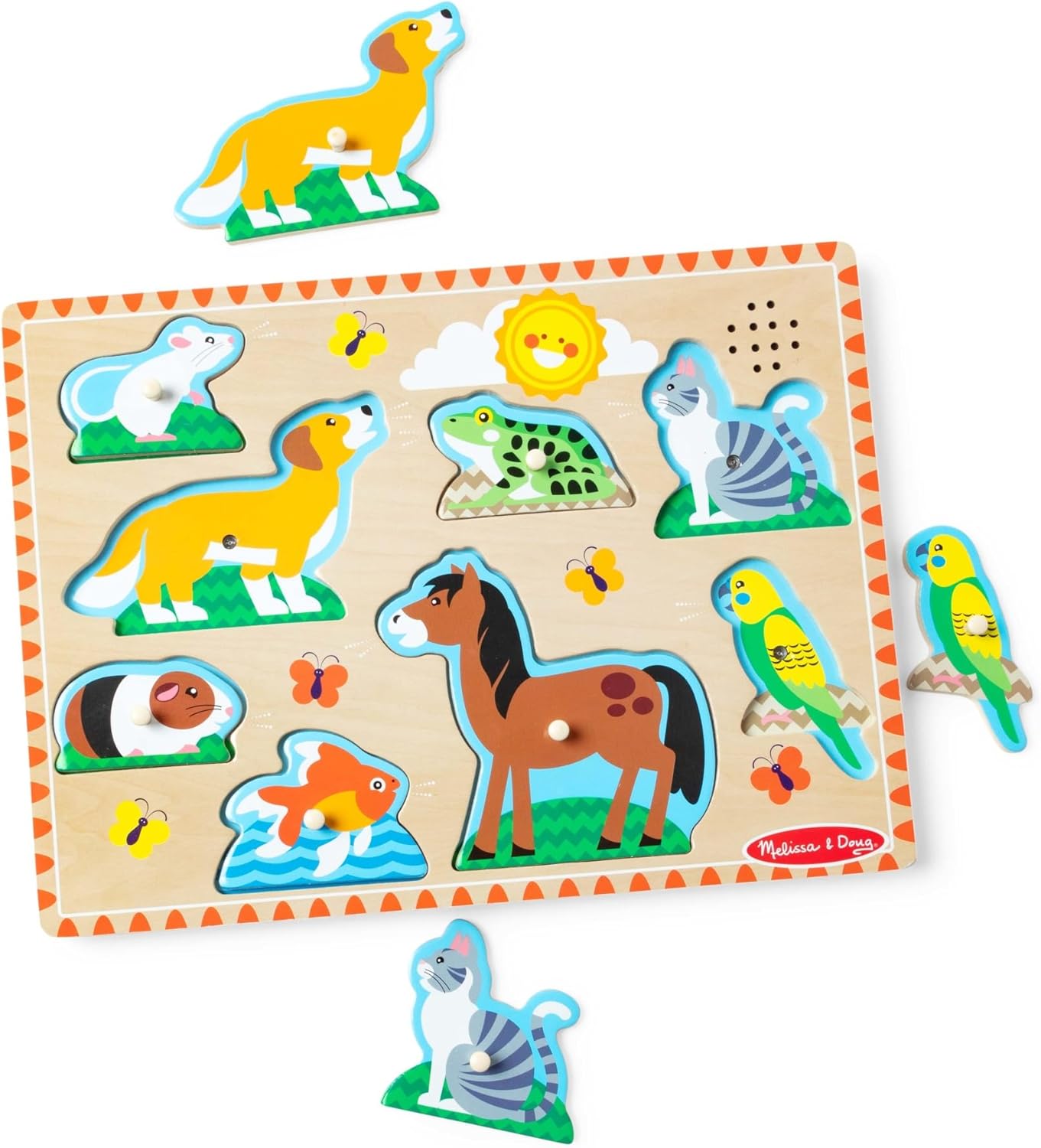 Melissa & Doug Farm Animals Sound Puzzle – 8-Piece Wooden Peg Puzzle with Light-Activated Sounds, Music Learning Toy for Toddlers and Preschoolers Ages 2+