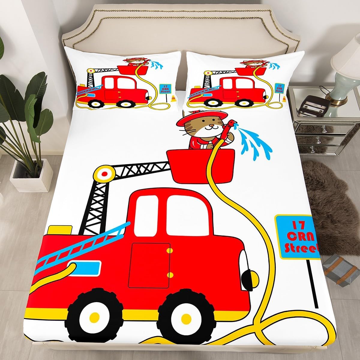 Manfei Musical Kids Fitted Sheet Full Size, MusicalGuitar Radio Drum Kit Headset Print Bedding Set 3pcs for Boys Girls, Rock Music Bed Cover with 2 Pillowcases, Soft Polyester Bedding, No Top Sheet