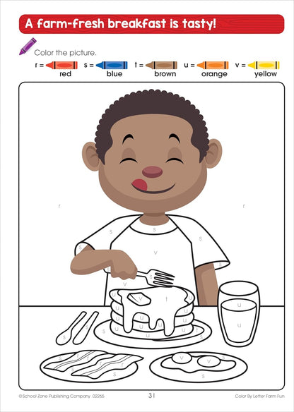 School Zone Color by Letter Farm Fun Workbook: 64 Pages, Preschool, Kindergarten, 1st Grade, ABC's, Alphabet, Color Skills, Coloring, Matching, Farm Animals, Ages 4-6 (Activity Zone Book Series)