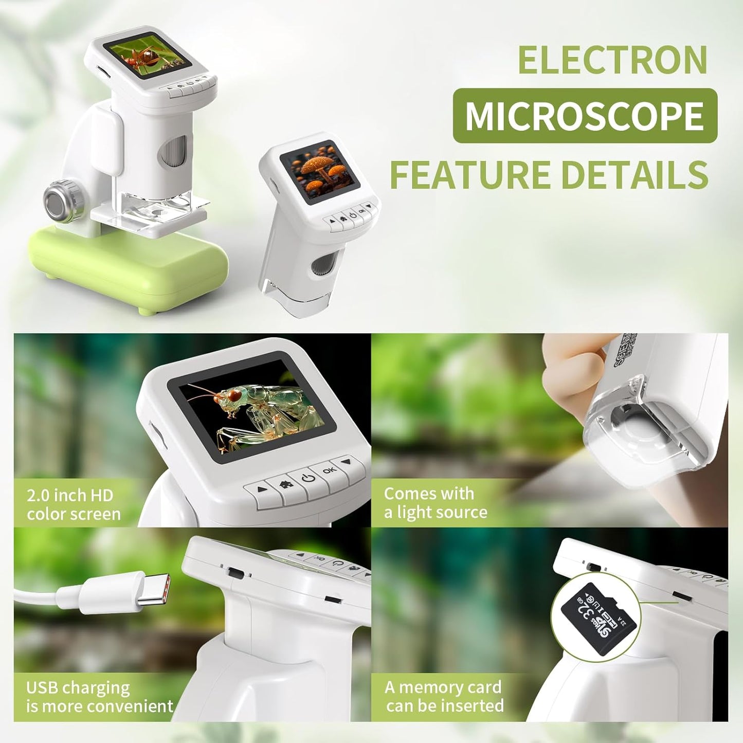 1200X Microscope for Kids 4K with 2 inch Screen STEM Digital Science Kit Rechargeable Handheld Mini Pocket Children Students Slides Portable Gift for Kids Ages 6 to 12 (Green)