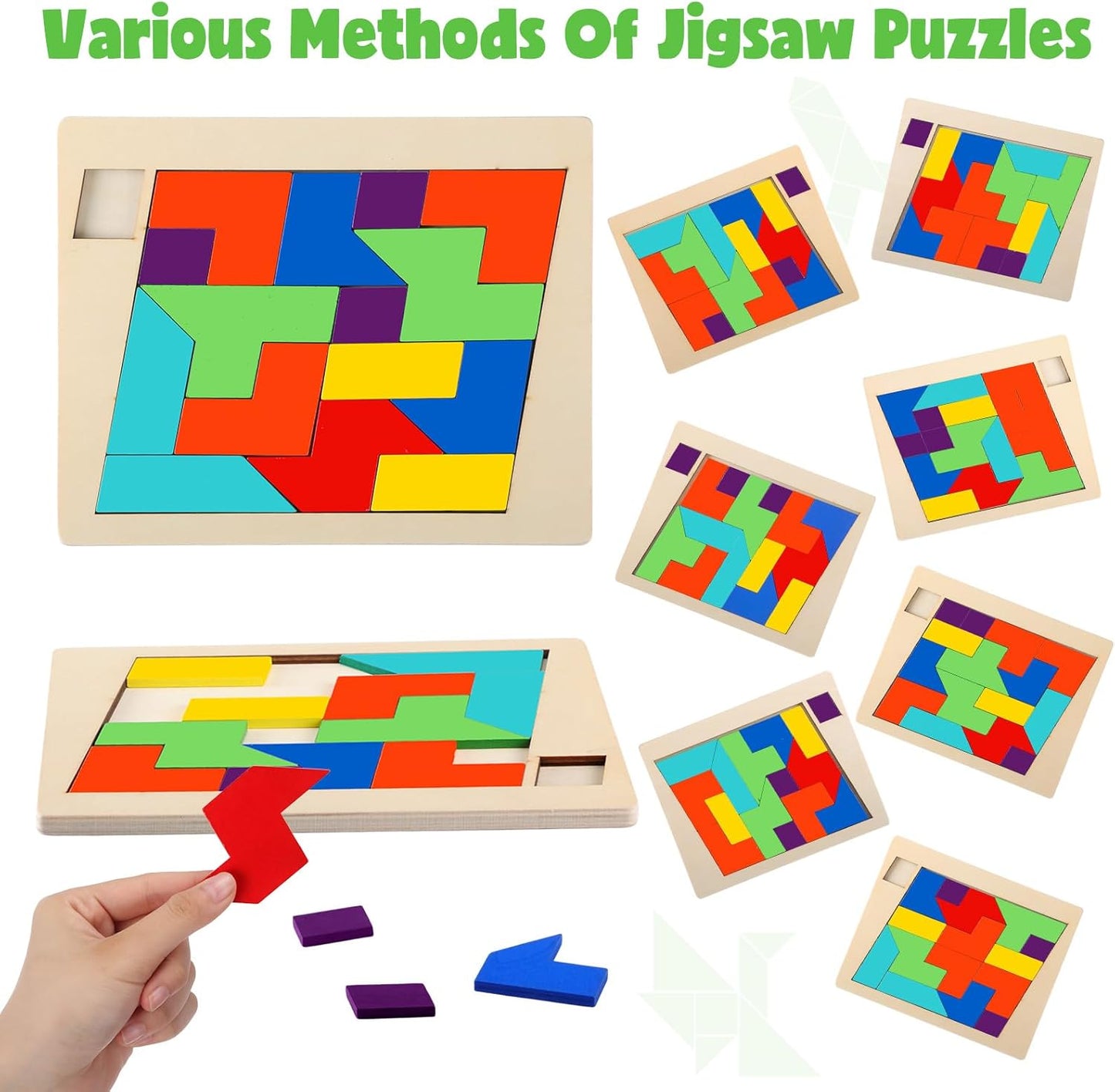 Yunsailing 3 Pack Large Hexagon Tangram Puzzle Wooden Brain Puzzles for Adult Challenge Wood Russian Blocks Brain Teasers Geometric Jigsaw Block Logic Iq Stem Family Graduation Gifts(Vintage)