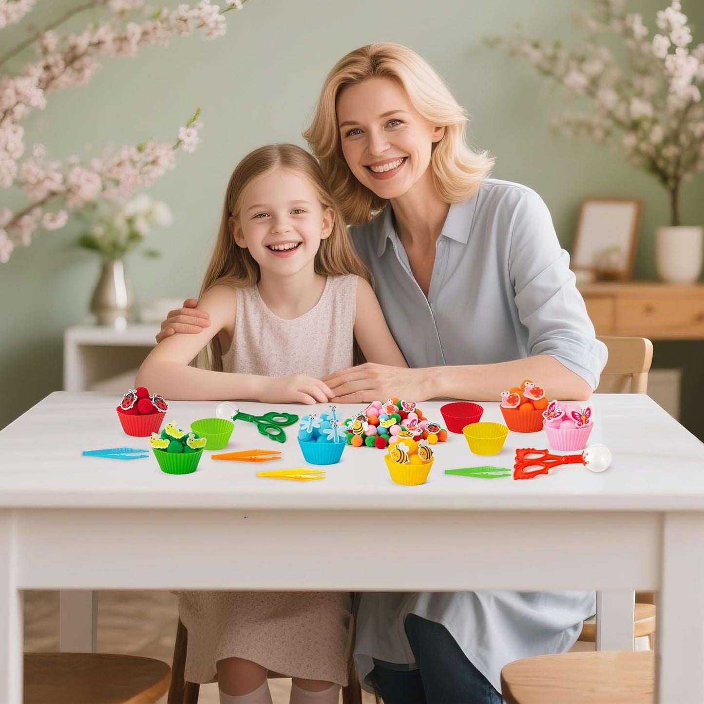 EZdhuawuse Summer Sensory Bin Fillers - 268P Fine Motor Toy Counting Sorting Set for Kid Birthday Easter Gift, Felt Phrases Heart Colorful Pom Poms Cup Clip for Preschool Education Activities