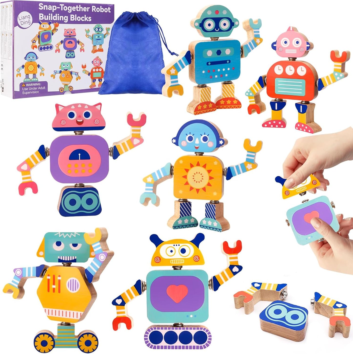 Robots Wooden Snap-Together Building Toys – 28-Piece STEM Montessori Educational Blocks for Toddlers Ages 3–6 | Fine Motor Skills Development | Safe, Durable, Creative Robot Toys Gift for Kids