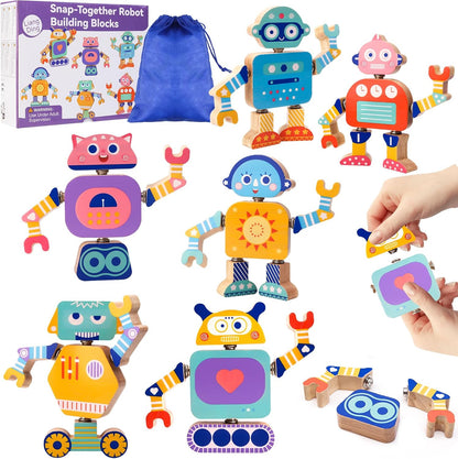 Robots Wooden Snap-Together Building Toys – 28-Piece STEM Montessori Educational Blocks for Toddlers Ages 3–6 | Fine Motor Skills Development | Safe, Durable, Creative Robot Toys Gift for Kids