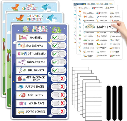 Upgraded Slider 3 in 1 Bedtime/Morning/Daily Routine Chart for Kids, Magnetic Chore Chart for Kids, Visual Schedule for Kids Toddlers Schedule Board for Home