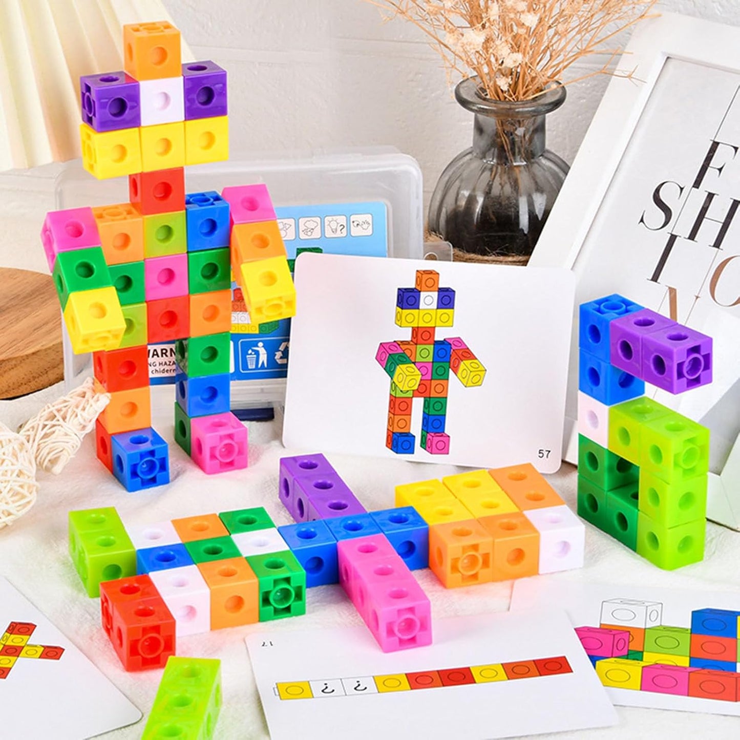 Montessori Math Linking Cubes Set, Plastic Magic Square Blocks with Pattern Cards