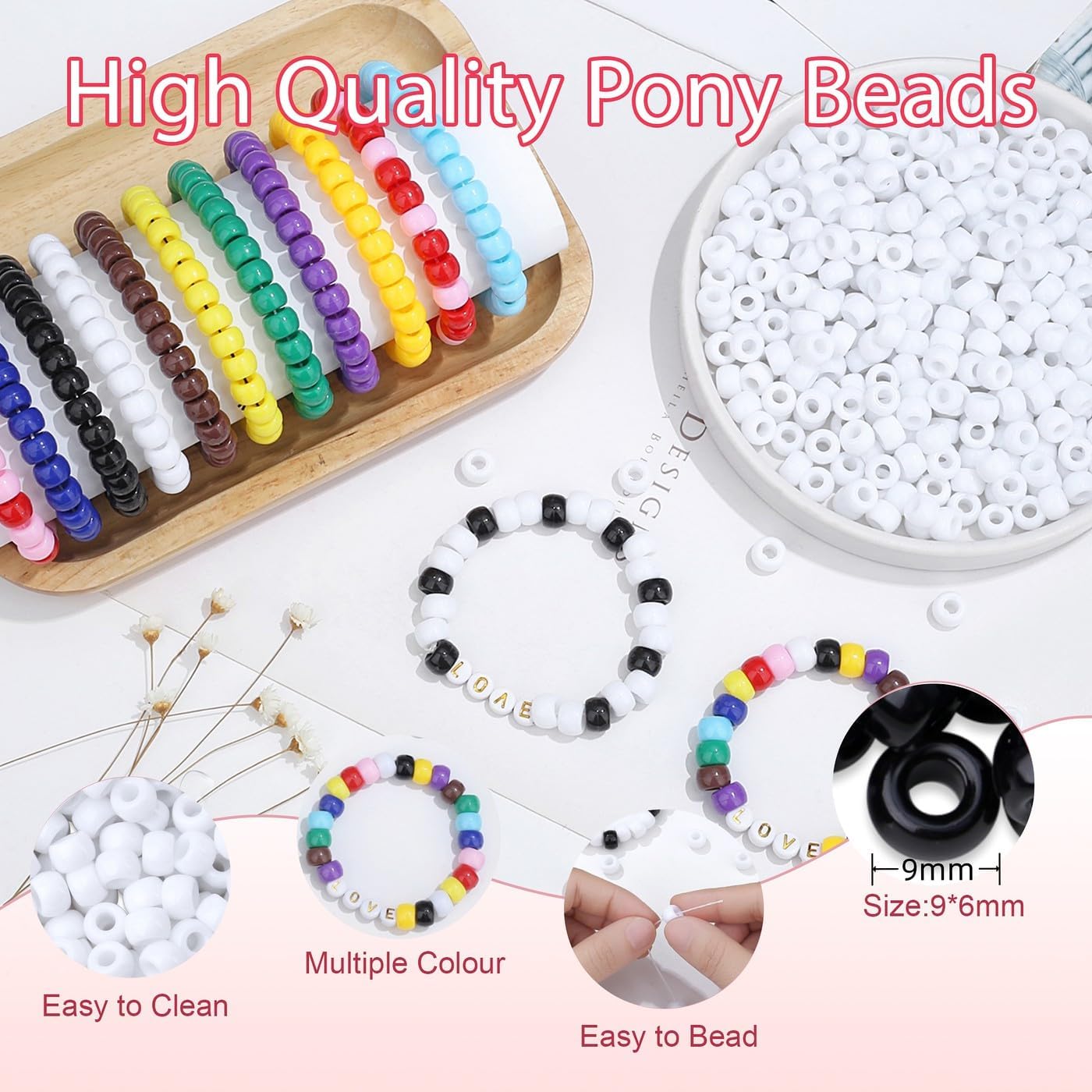 1000Pcs Valentine's Day Pony Beads Pink Red White Bracelets Crafts 6x9mm Bulk Plastic Pony Valentine Beads for Jewelry Making Party Party DIY Crafts Necklace Keychain Romantic Accessories
