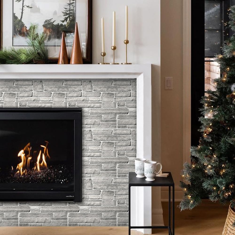 COMSTICKC 3D Faux Gray Stone Wall Sticker Peel and Stick Wall Panels,10 Pcs of 12"X12",Ultra-Light Thin PVC Decorative Tiles Rocks Stone Backsplash Interior Decor,Paintable