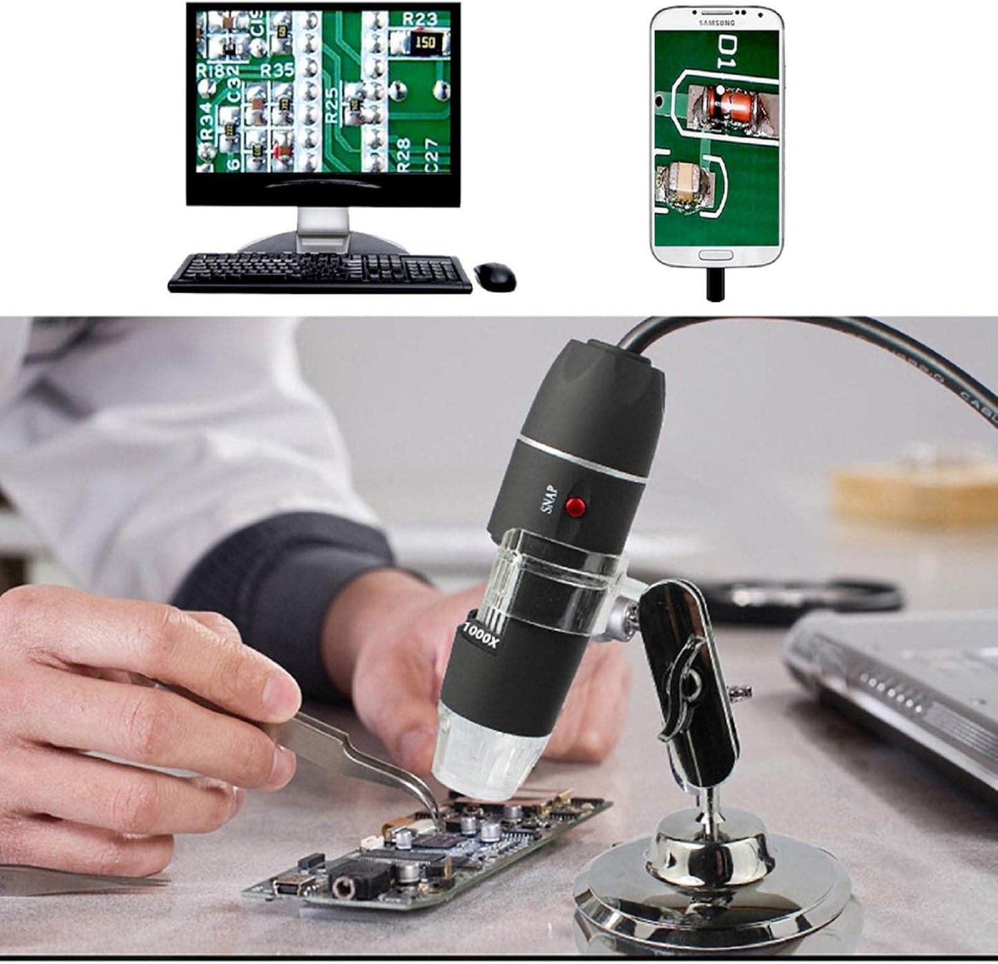 USB Digital Microscope 40X to 1000X, 8 LED Magnification Endoscope Camera with Carrying Case & Metal Stand, Compatible for Android Windows 7 8 10 11 Linux Mac (Not for iPhone/iPad)