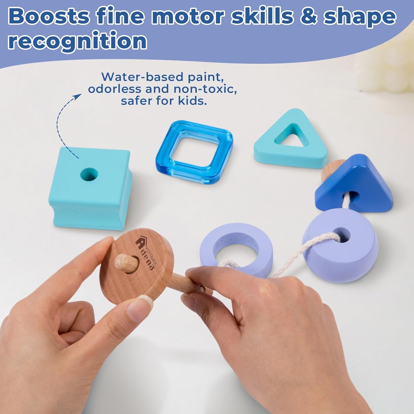 Blue Montessori Stringing Beads Set, Montessori Wooden Beads Threading Toy for Toddlers 1 2 3 Years Old, Fine Motor Skills Educational Learning Toys for Preschool Kids Gifts (Purple)