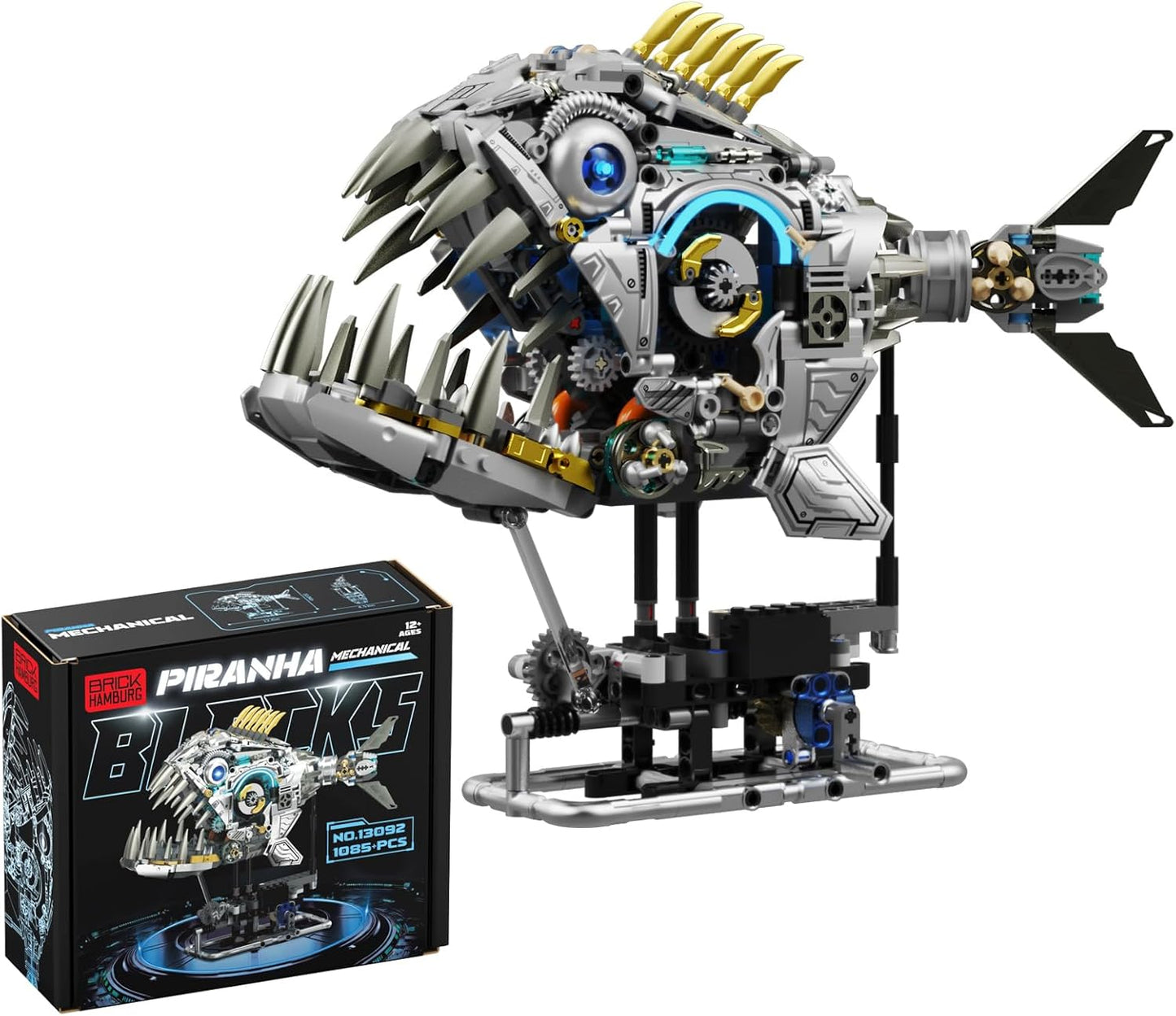 1085-PCS Mechanical Piranhas Fish Building Set with LED Light, Movable Linkage Gears, Display Stand,Mechanical Fish