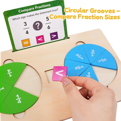 Wooden Fraction Manipulatives Set, Double-Sided Fraction Circles & Fraction Tiles with Addition & Subtraction Symbols, Montessori Math Learning Toy for Homeschool & Elementary Classroom Grade K-3