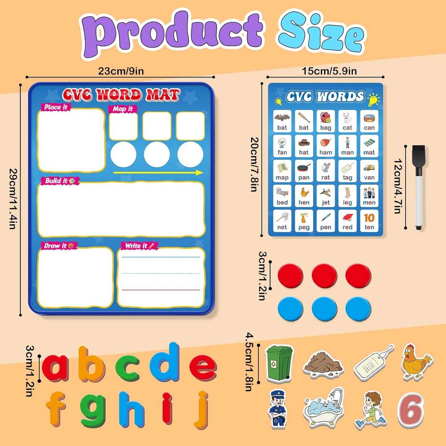 CVC Word Games, Elkonin Box, Refrigerator Fridge Magnets for Kids, Magnetic Dry Erase Board, Toddler Alphabet ABC Letter Games, Speech Therapy Spelling Reading Games Classroom Must Haves