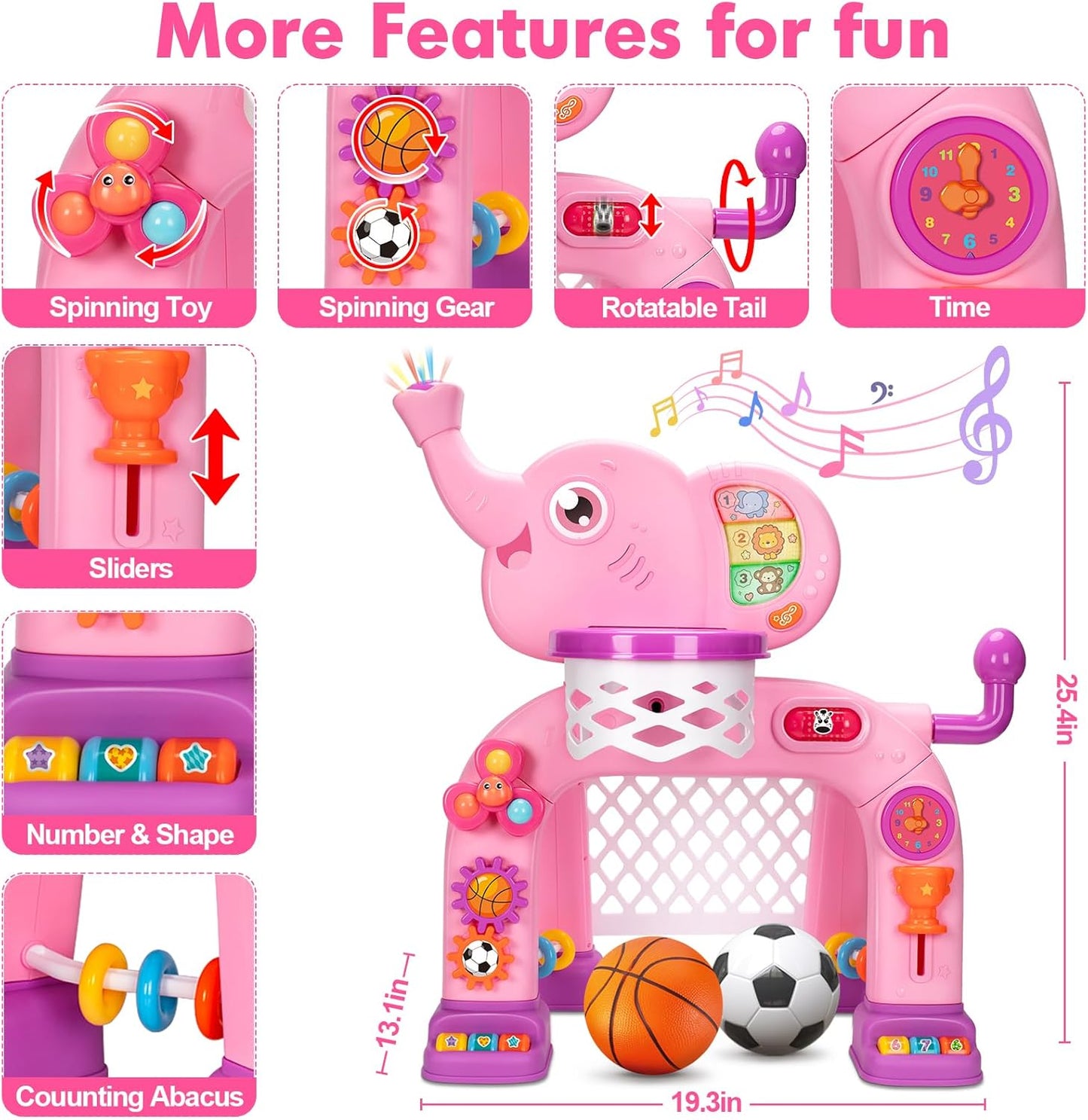 Toddler Basketball Hoop & Soccer Goal, Toys for 1 2 3 Year Old Boys Girls, Kids Sports Toy with Light Sound Music, Montessori Toys for Baby 12-18 Months, Christmas Birthday Gifts for Ages 1-3(Pink）