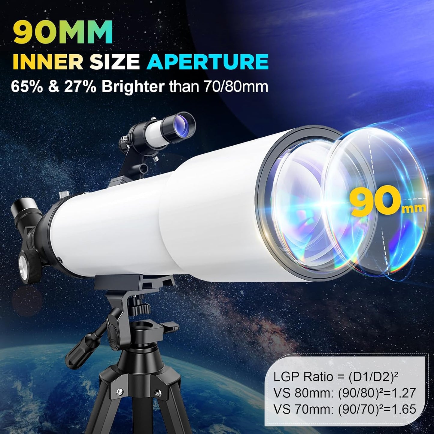 90mm Refractor Telescope for Adults & Kids 8+: 150X High Power, 500mm Focal Length, Professional Astronomical Scope with 133cm Tripod for Stargazing, Xmas Toy Gift for Beginners Boy Girls
