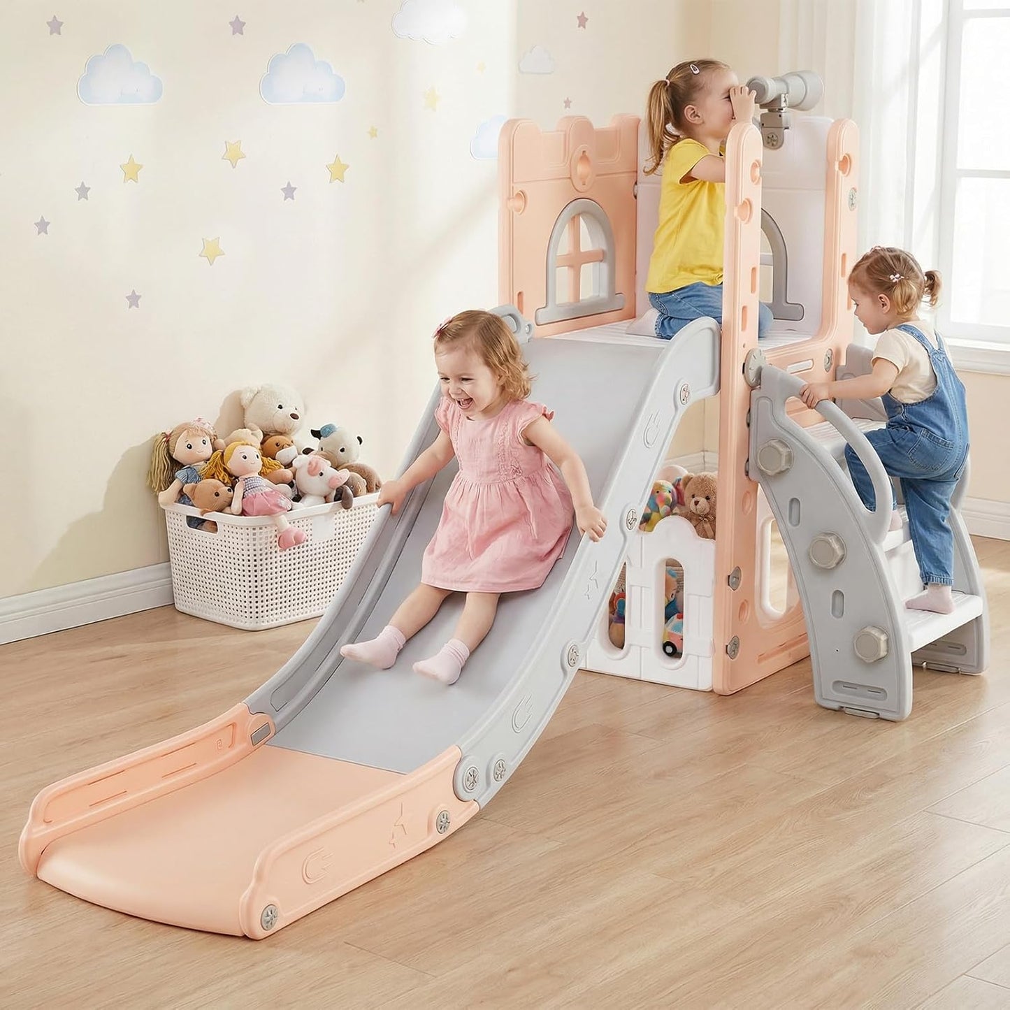 OLAKIDS Toddler Slide and Swing Set, 7 in 1 Kids Indoor Outdoor Playground with Climber Basketball Hoop Telescope Toy Storage for Boys Girls Aged 1+ (Grey)
