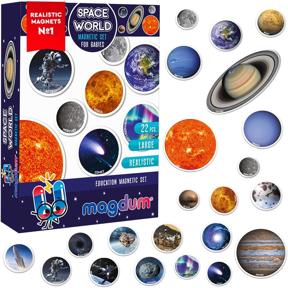 Solar System Fridge Magnets for Kids - Magdum - 22 Realistic Space Magnets for Toddlers - Real Refrigerator Magnets - Planets for Kids – Magnetic Universe - Science Toys for Children - Astronomy Gifts
