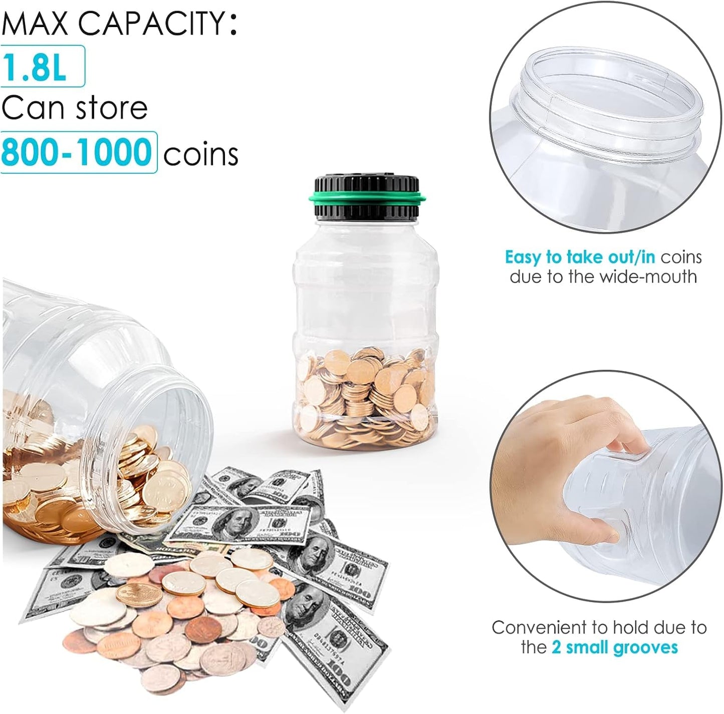 Large Piggy Bank for Adults Kids, Vcertcpl Digital Coin Counting Bank with 1.8L Capacity, Great Coin Bank Money Jar for Adults Kids with Saving Goals, Bank for All US Coins (Green B)
