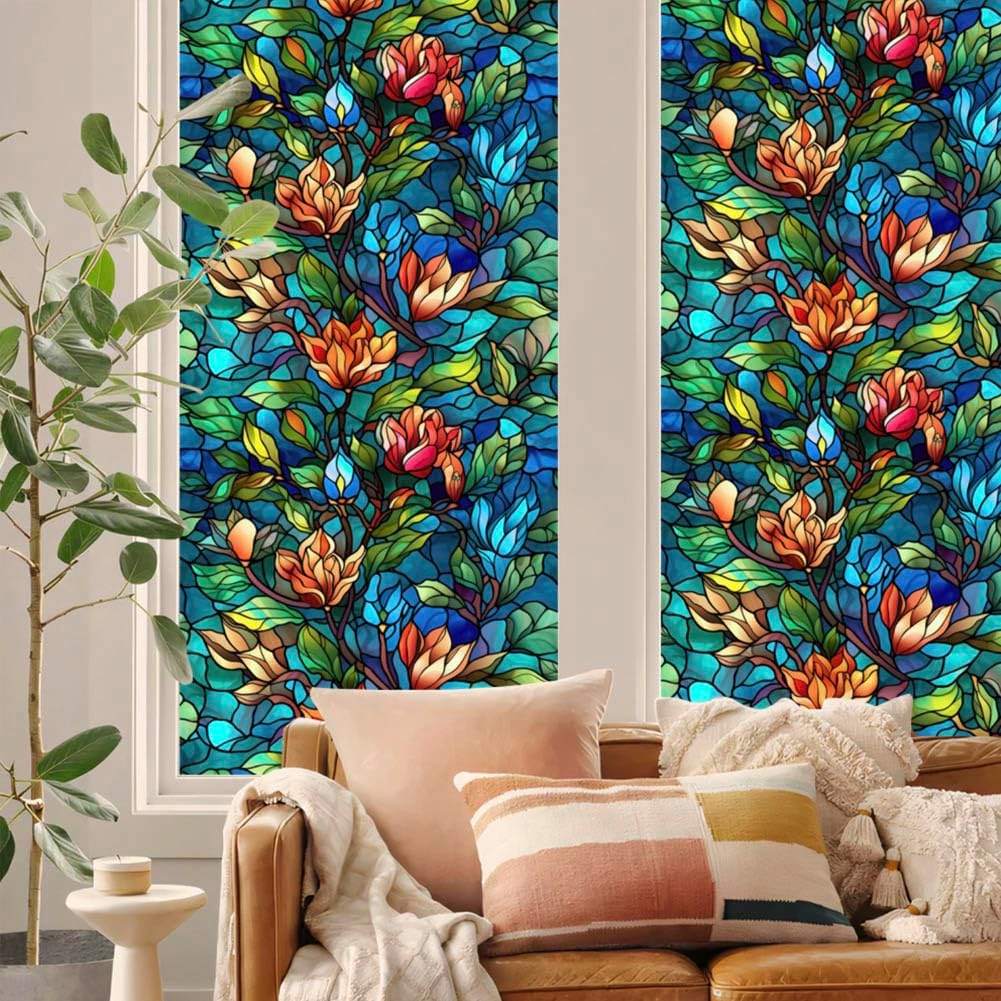 JOONOR Privacy Window Film Stained Glass Window Sticker Non-Adhesive Frosted Glass Film Decorative Magnolia Flower Pattern Static Cling Decals for Home UV Blocking/Heat Insulation 17.7 x 39.4 Inch