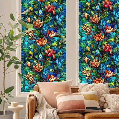 JOONOR Privacy Window Film Stained Glass Window Sticker Non-Adhesive Frosted Glass Film Decorative Magnolia Flower Pattern Static Cling Decals for Home UV Blocking/Heat Insulation 17.7 x 39.4 Inch