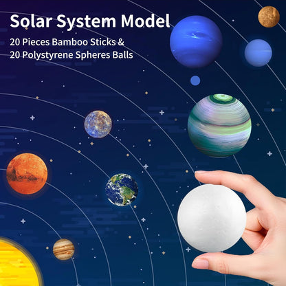 40PCS Solar System Model Kit, 20 Mixed Sized White Polystyrene Spheres Balls Foam Balls, with 20 Pieces 24 cm Long Bamboo Sticks for Kids School Science Projects DIY Planet Crafts