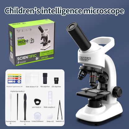 Microscope for Kids Scientific Experiment Kit 40X-1600X Magnification LED Light Educational STEM Kit with Slides and Lab Tools (Blue)