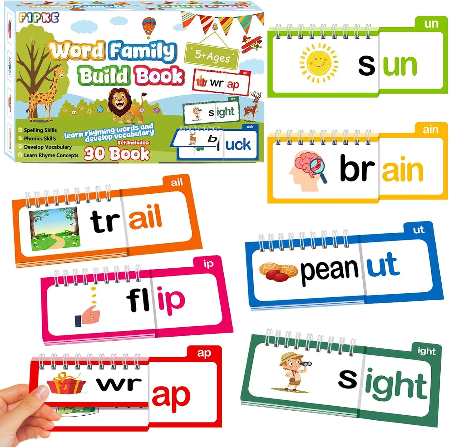 Word Family Build Book, 30 Read and Rhyme Flip Activity Book, ABC Vocabulary Flash Cards CVC Words Reading Games for Kids Ages 3-8 Preschool Learning Activities Families Educational Games
