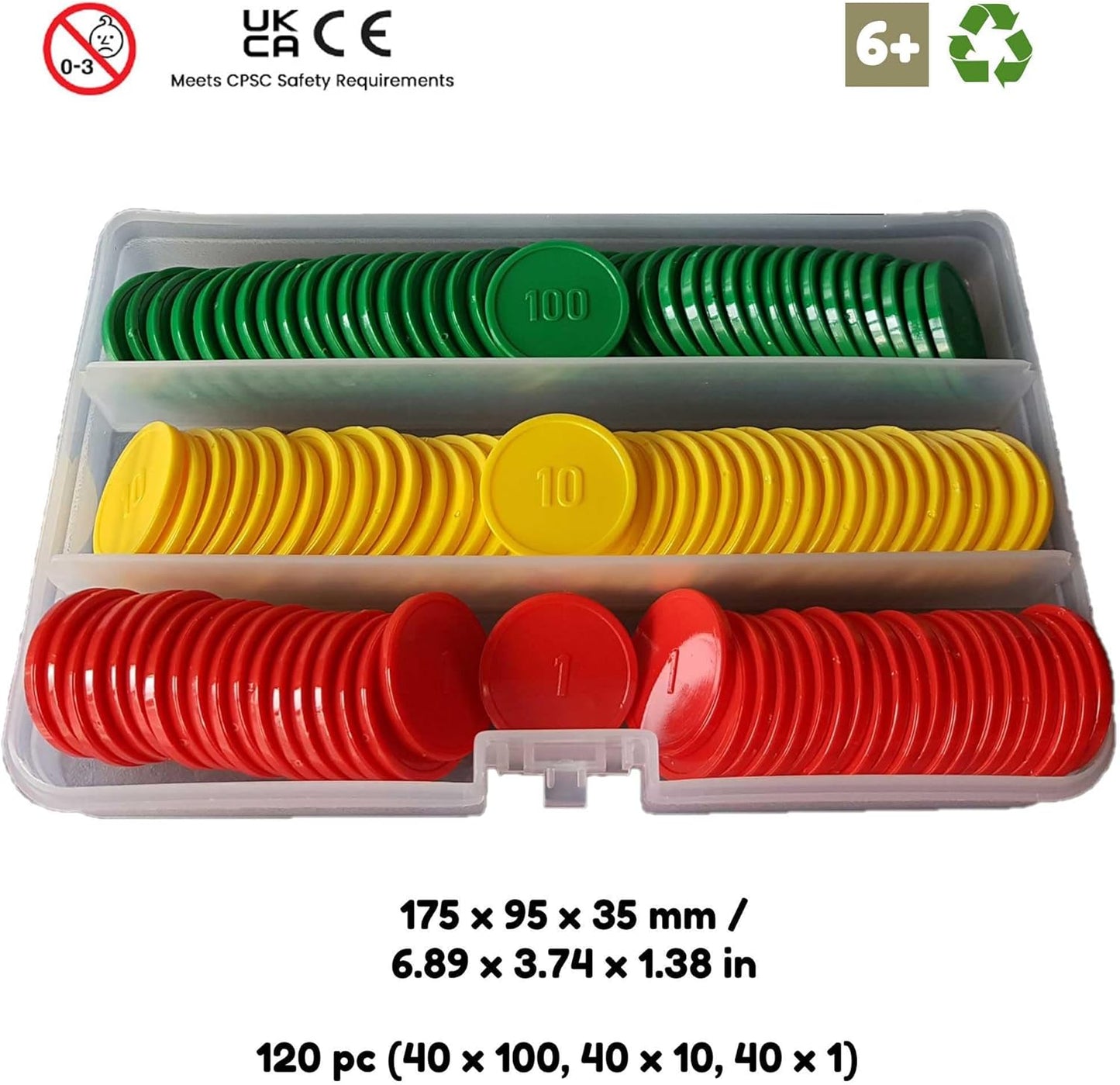 Place Value Disks, Set of 120 Hundreds Tens and Ones, 100 10 1, Recycled Plastic Math Counters - plavalmat®