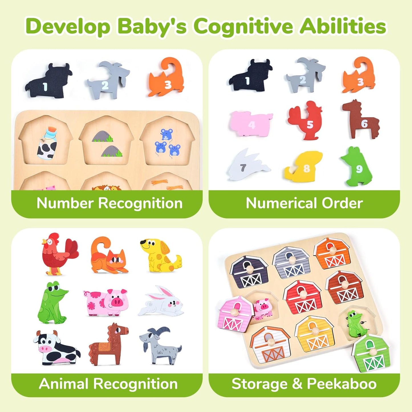 JoyCat Wooden Puzzles for Toddlers 1-3, Montessori Toys for 1 2 Year Old Boy Girl Birthday, Animal Match Farm Peg Puzzles, Preschool Learning Toys for Toddlers Age 1-2