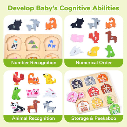 JoyCat Wooden Puzzles for Toddlers 1-3, Montessori Toys for 1 2 Year Old Boy Girl Birthday, Animal Match Farm Peg Puzzles, Preschool Learning Toys for Toddlers Age 1-2