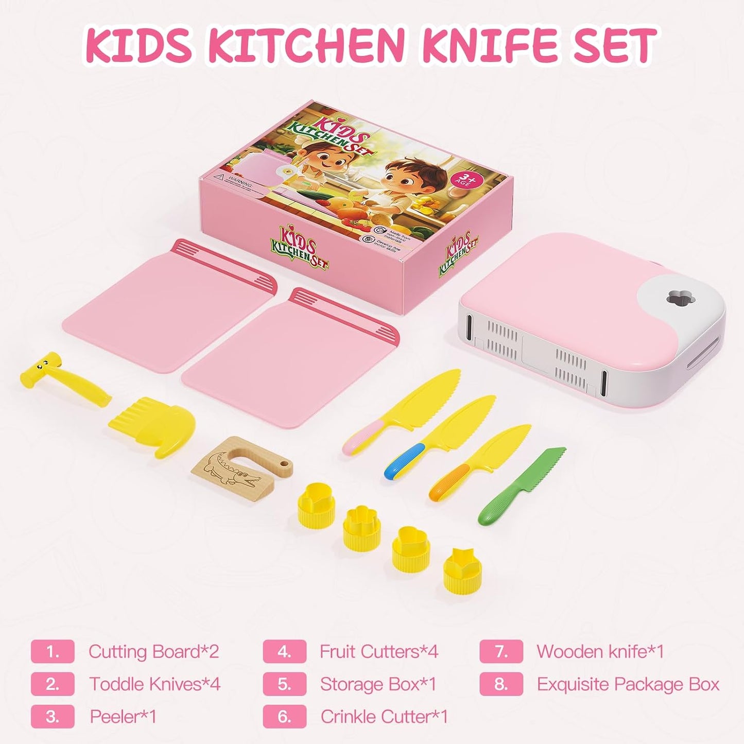 Kids Kitchen Knife Set for Real Cooking with Storage Box Pink, Montessori Kitchen Toy with Cutting Board, Plastic Toddler Knives, Peeler, Wooden Safe Knife for Age 3 4 5 6 7 8