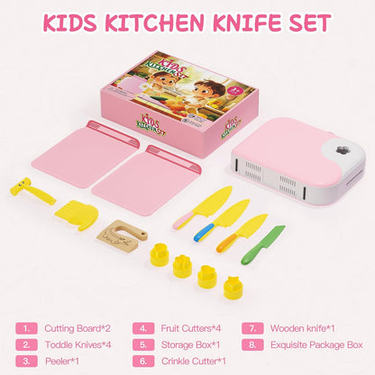 Kids Kitchen Knife Set for Real Cooking with Storage Box Pink, Montessori Kitchen Toy with Cutting Board, Plastic Toddler Knives, Peeler, Wooden Safe Knife for Age 3 4 5 6 7 8