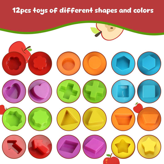 Montessori Apple Shape Sorter Toy, Educational Color Sorting Matching Game for Fine Motor Skills, 2-in-1 Sensory Learning Toy and Storage Bin, Sensory Developmental Toy