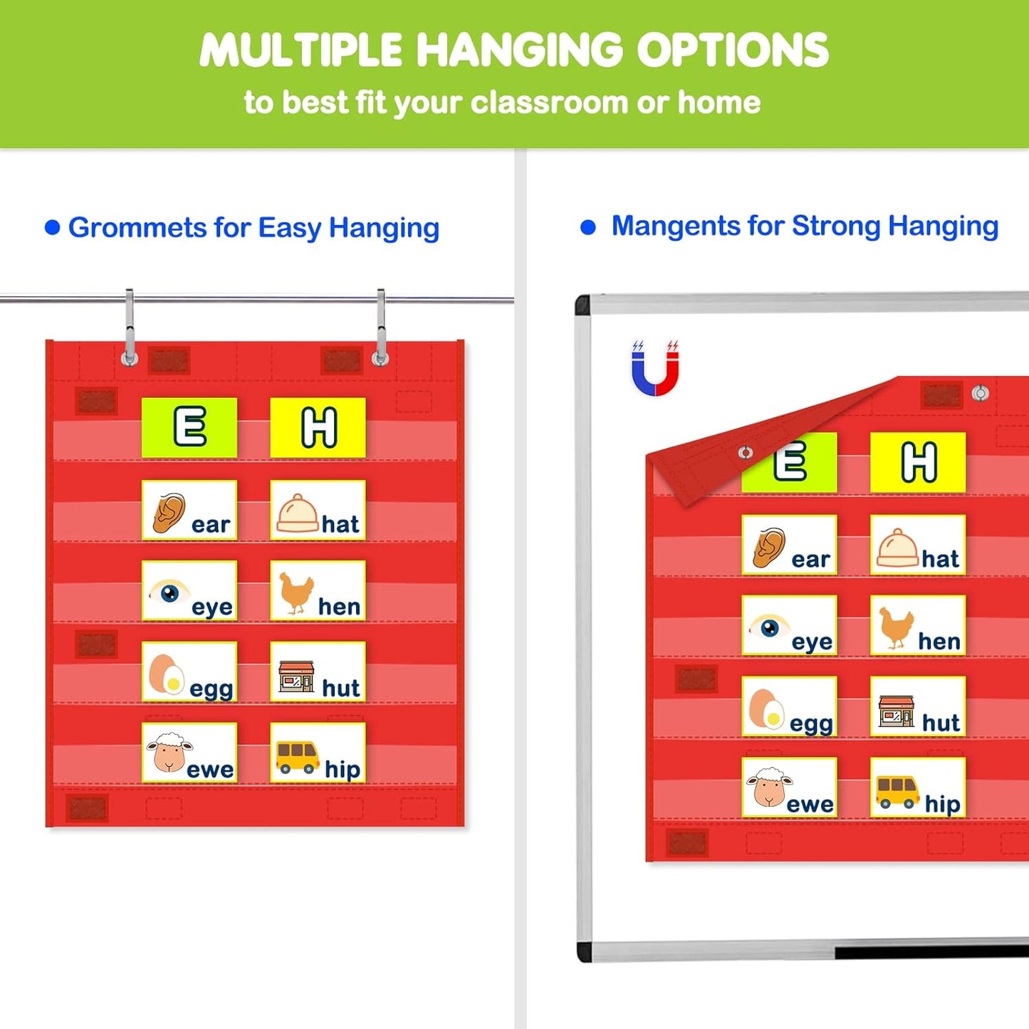 EAMAY Classroom Magnetic Pocket Chart for Kids, Mini Double-Sided Pocket Charts for Teachers Fits 3" Sentence Strips and Cards(14" x 17") (4)