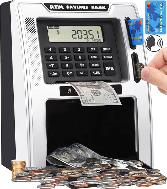 Fishboy Talking Pink ATM Piggy Bank for Kids with Dual Debit Cards, Power-Off Memory, Auto-Opening Drawer for Real Money for Girls, Onekey Shutdown, Bill Feeder, Coin Recognition, Balance Calculator